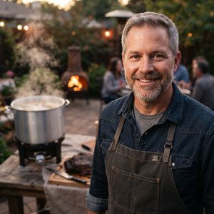 Backyard barbecue competition judge beside a smoker